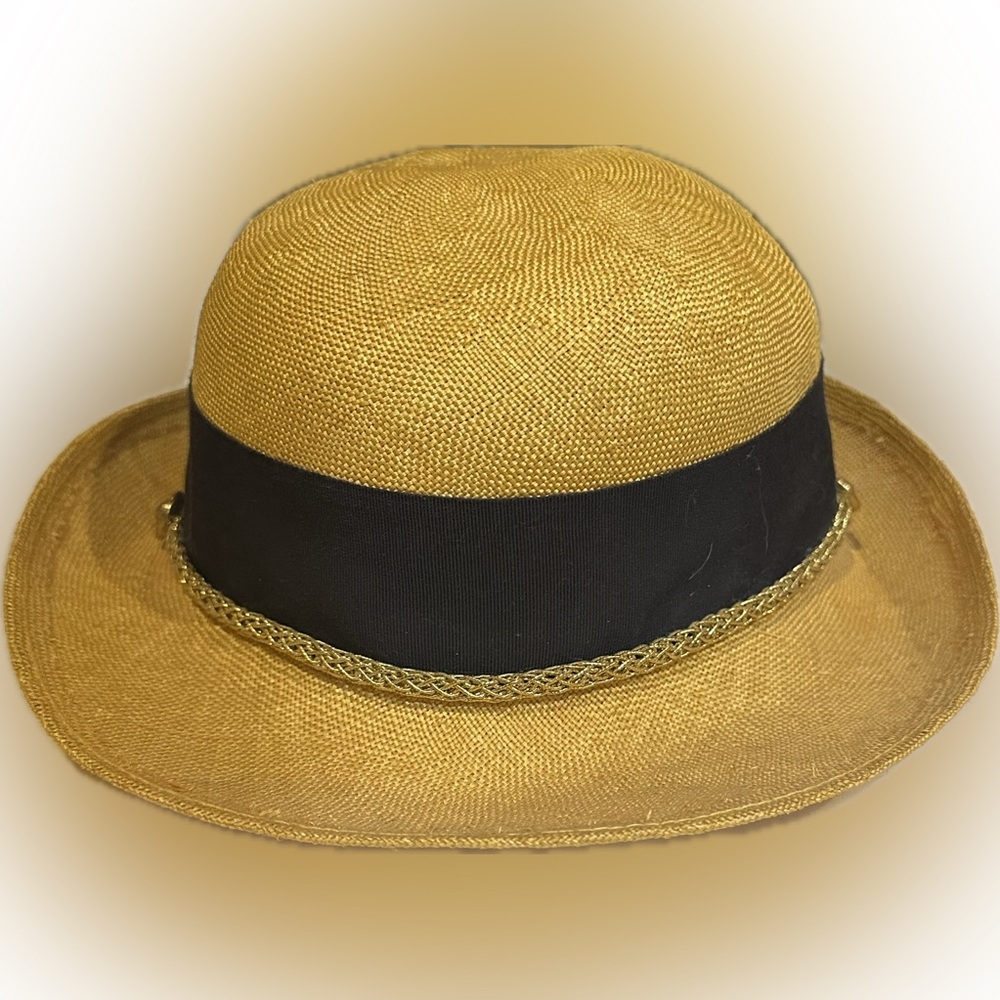 VTG JACQUELINE FERRAR MARIGOLD YELLOW STRAW HAT BLACK BAND GOLD BUTTONS BRAID TR